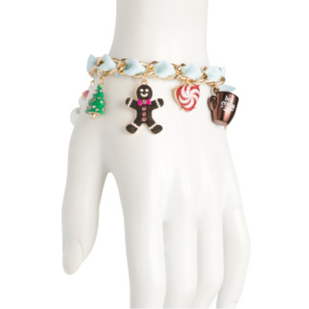 NEW Betsey Johnson JINGLE BELL BLING XMAS CHARM Blue Ribbon BRACELET, LAST 1